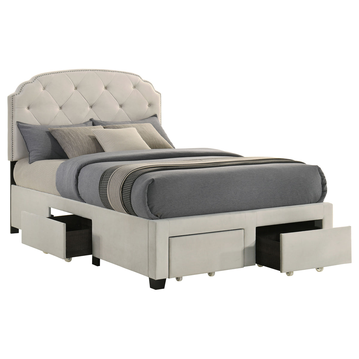 Marianna Tufted Velvet Storage Bed with 4 Drawers - Cream with Nailhead Trim, Full to Eastern King – view 10
