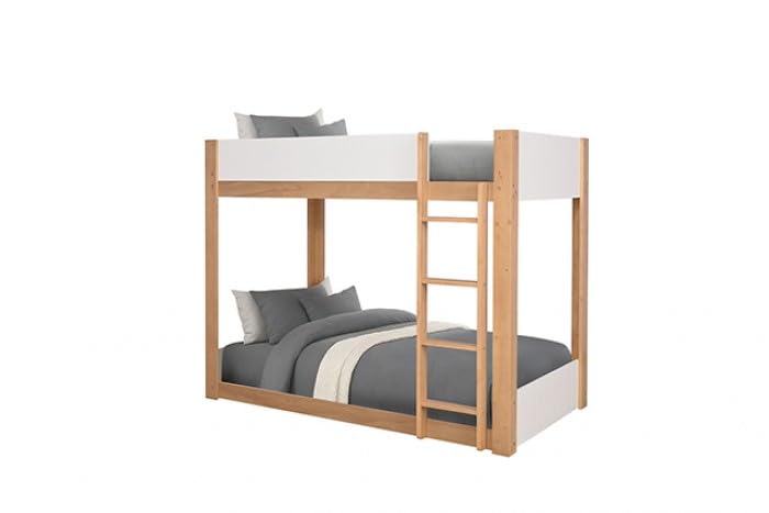 Terri Twin over Twin Wooden Bunk Bed with Attached Ladder - Low Profile in White/Natural Finish