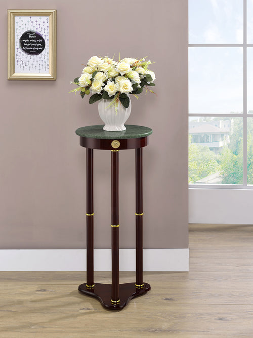 Edie Round Green Marble Top Plant Stand - Traditional Merlot Pedestal with Gold-Tone Accents