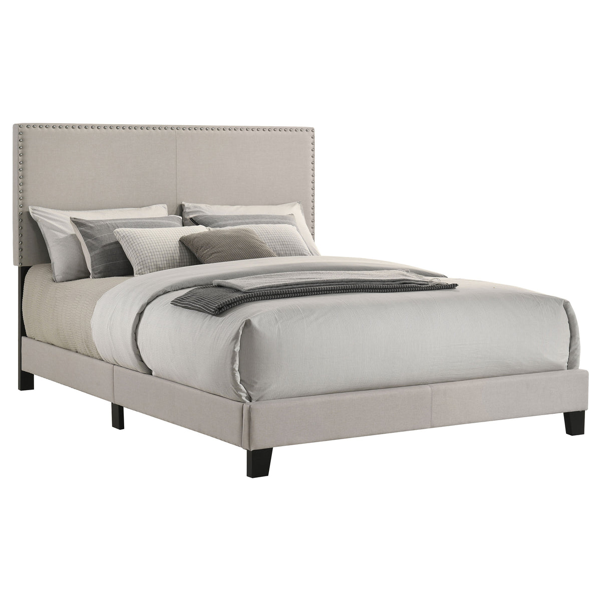Boyd Upholstered Panel Bed with Chrome Nailhead Trim - Ivory Fabric & Black Legs, Twin to California King – view 16