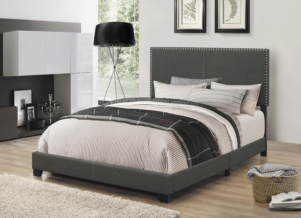 Boyd Upholstered Panel Bed with Chrome Nailhead Trim - Charcoal Fabric & Black Legs, Twin to California King – view 20