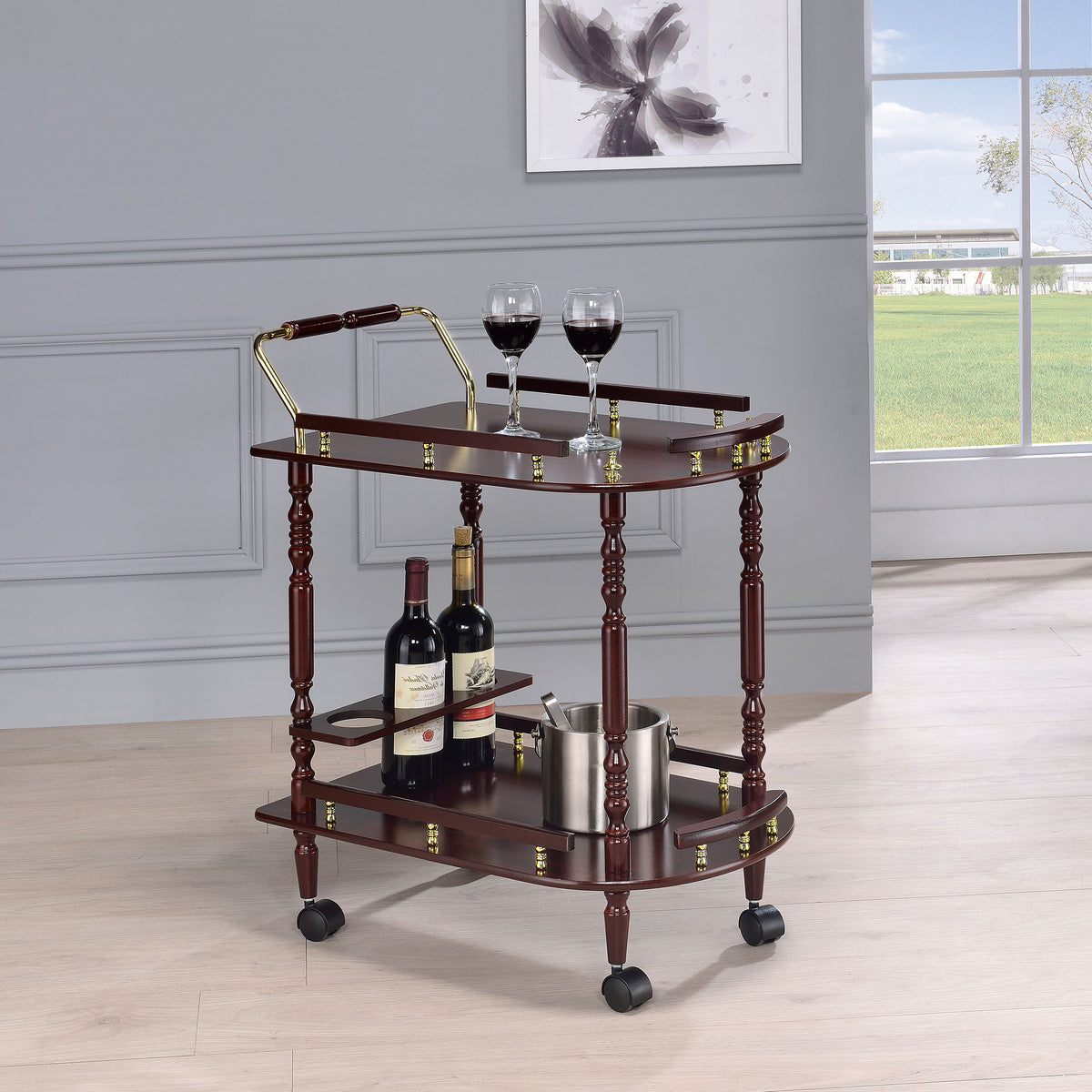 Palmer 2-Tier Bar Cart with 3-Bottle Wine Rack - Traditional Merlot with Brass-Finish Accents โ view 1