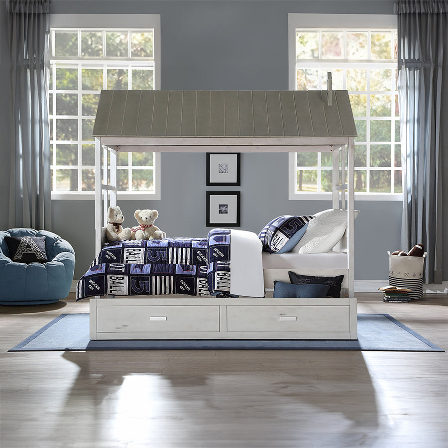 Tree House II Twin Bed - Cottage Beadboard House Frame in Weathered White & Washed Gray