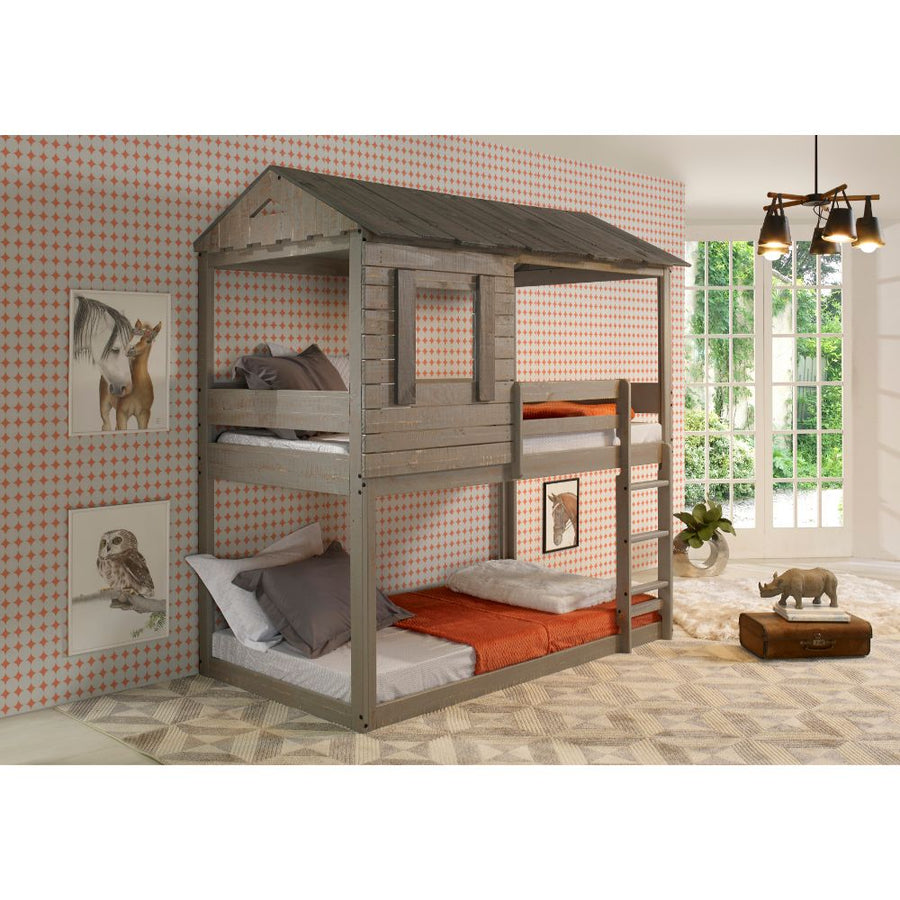 Darlene Twin over Twin Bunk Bed - Solid Pine with Built-In Ladder in Rustic Gray