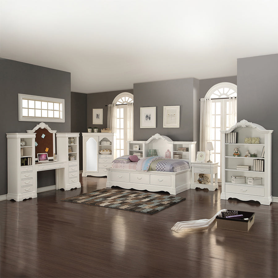 Estrella Twin Storage Daybed & Mirror - Crown Carving, Bookcase Back & 3 Drawers in White
