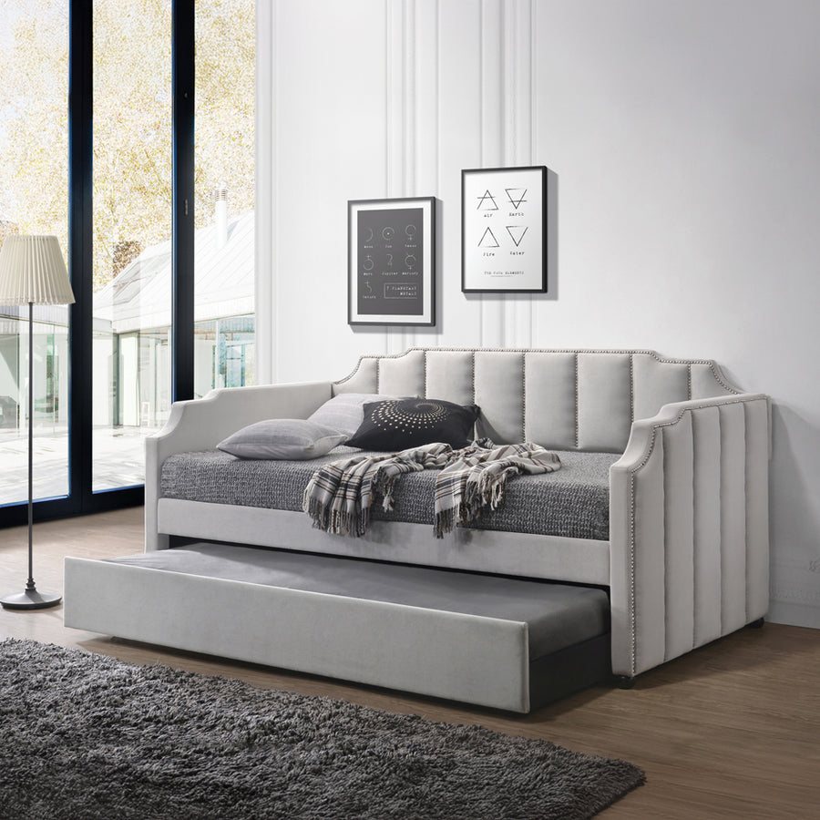 Peridot Twin Daybed with Trundle - Tufted Velvet & Nailhead Trim in Dove Gray