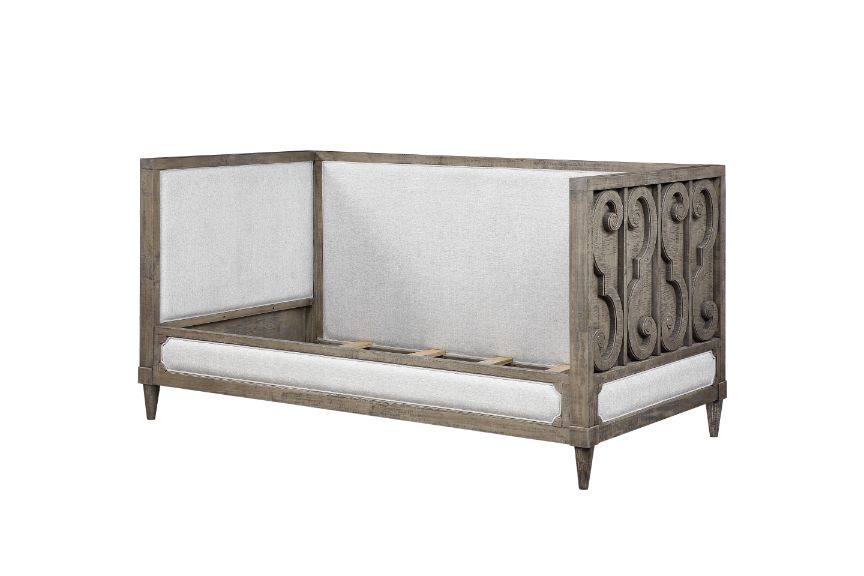 Artesia Upholstered Twin Daybed & 5-Drawer Chest - Scrolled Inlays in Tan Fabric & Salvaged Natural