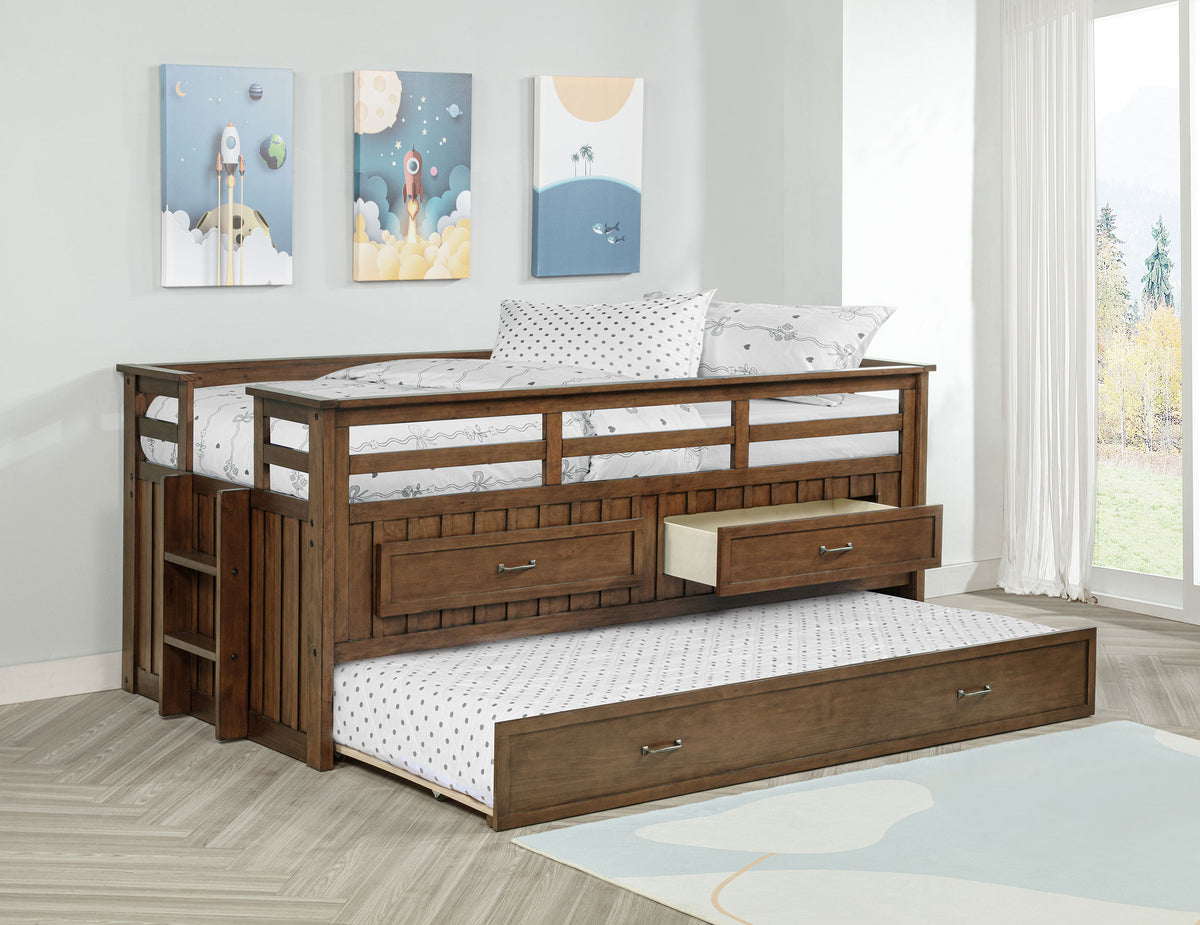 Carlsbad Twin Captain's Bed with Trundle - Storage Drawers in Medium Brown Pine – view 1