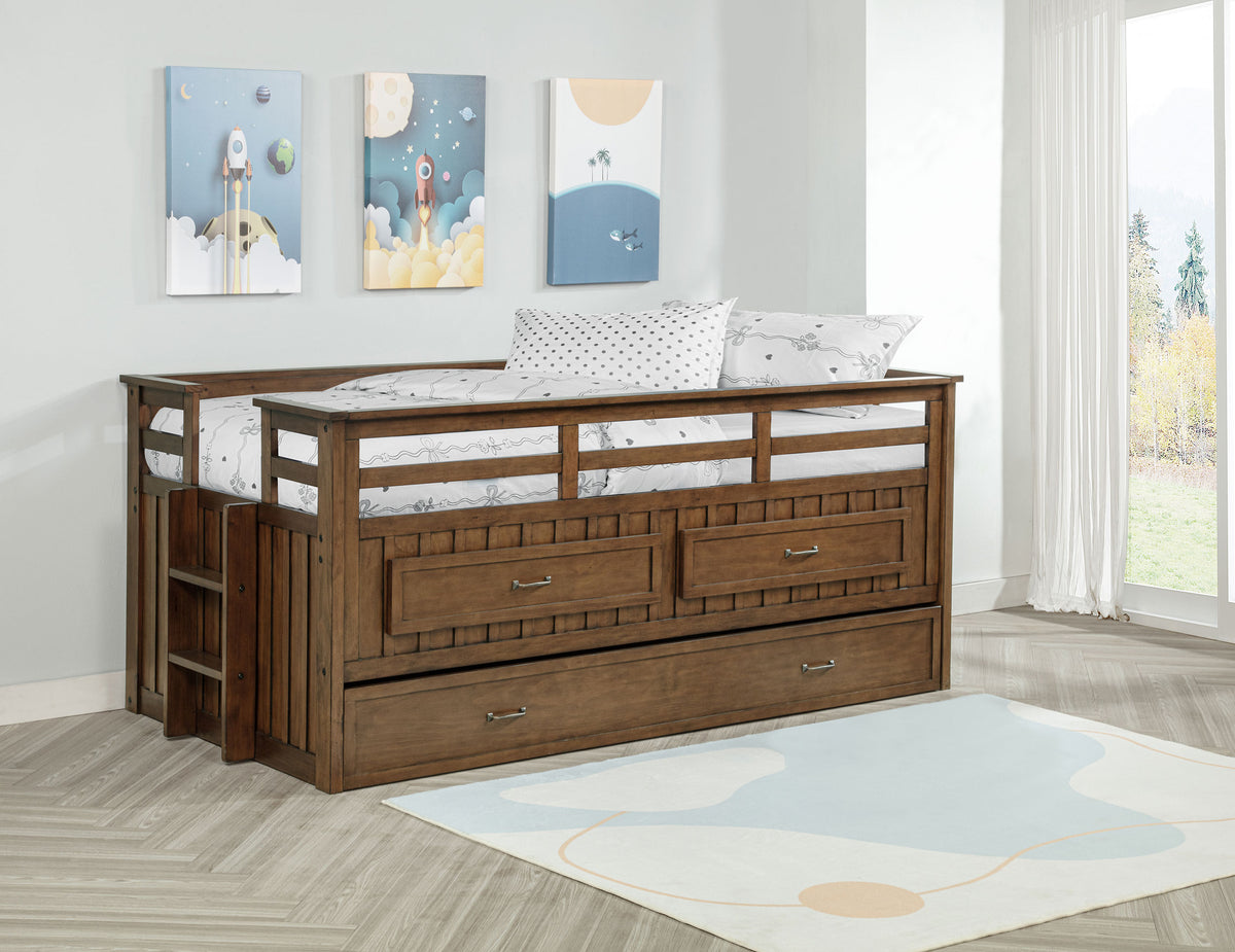 Carlsbad Twin Captain's Bed with Trundle - Storage Drawers in Medium Brown Pine – view 3