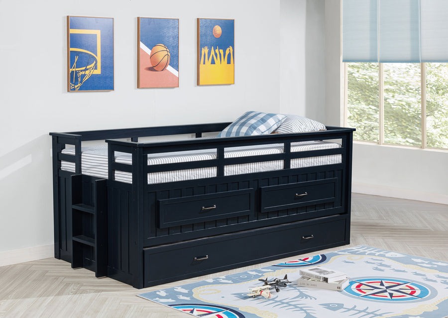Carlsbad Twin Captain's Bed with Trundle & 2 Drawers - Guardrails & Built-In Ladder in Navy Blue