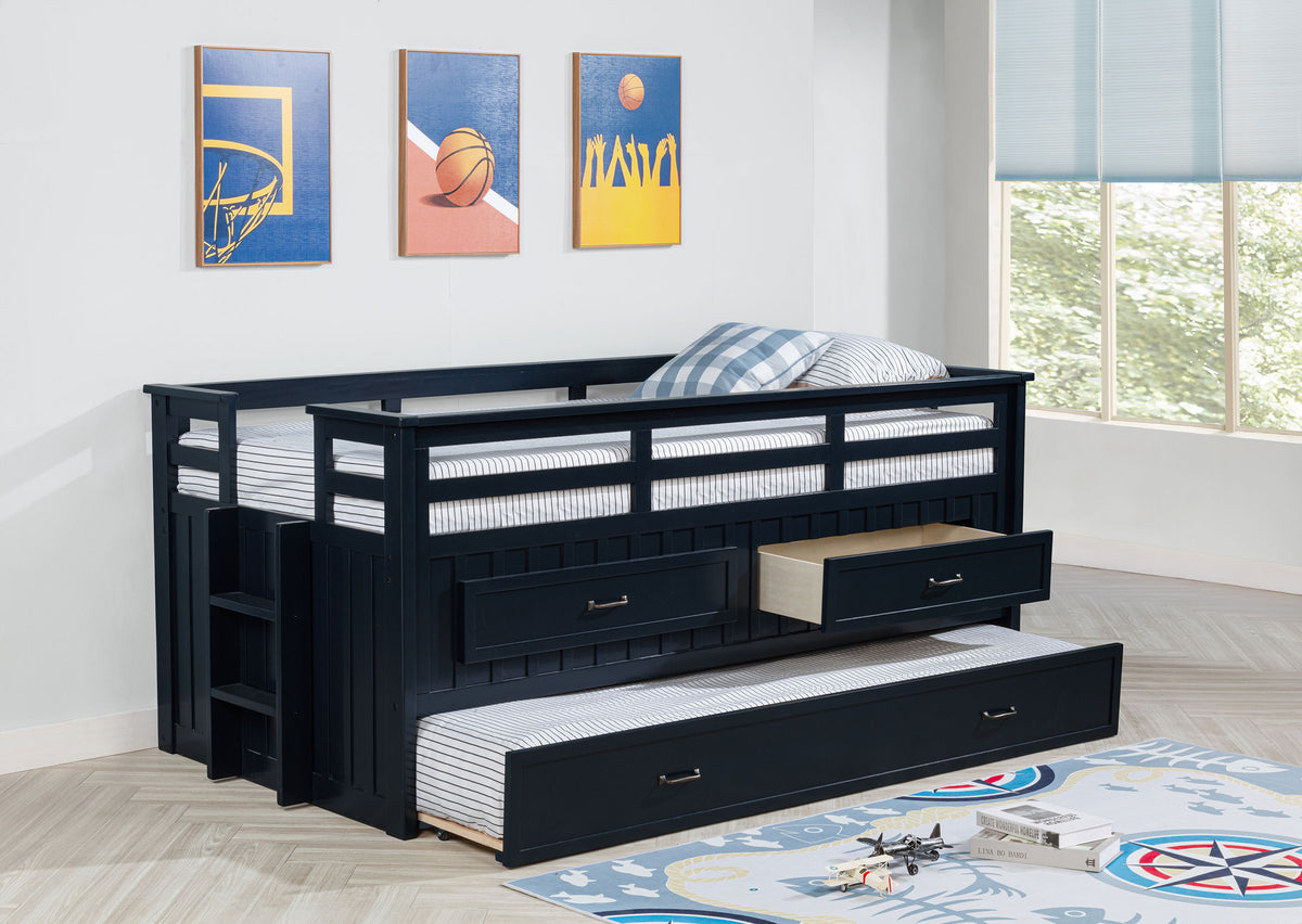 Carlsbad Twin Captain's Bed with Trundle & 2 Drawers - Guardrails & Built-In Ladder in Navy Blue โ view 3