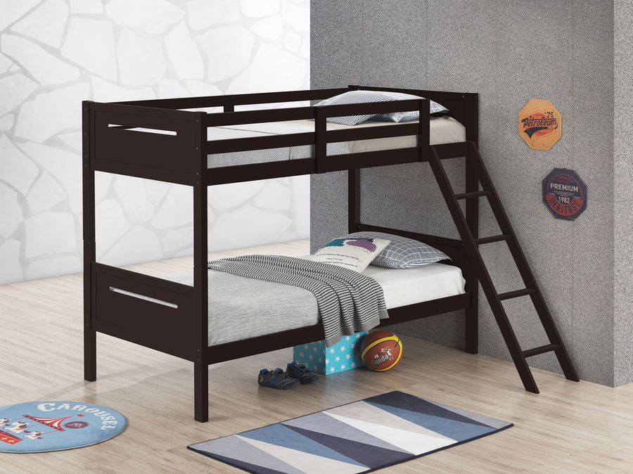 Littleton Wood Bunk Bed - Twin over Twin or Twin over Full, Convertible with Angled Ladder in Espresso, White, Black or Grey