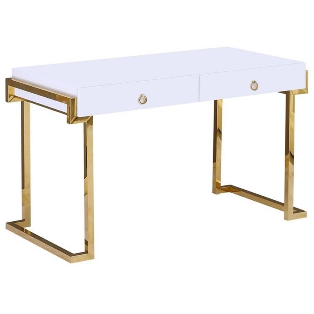White Lacquer 2-Drawer Writing Desk Gold