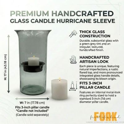 15-Inch Glass Hurricane Pillar Candle Holder with Rustic Metal Insert Centerpiece