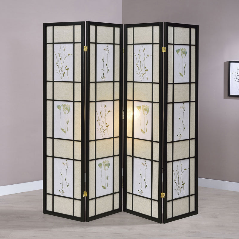 Catabella 4-Panel Folding Room Divider - Beige & White Floral Fabric in Black Wood Frame