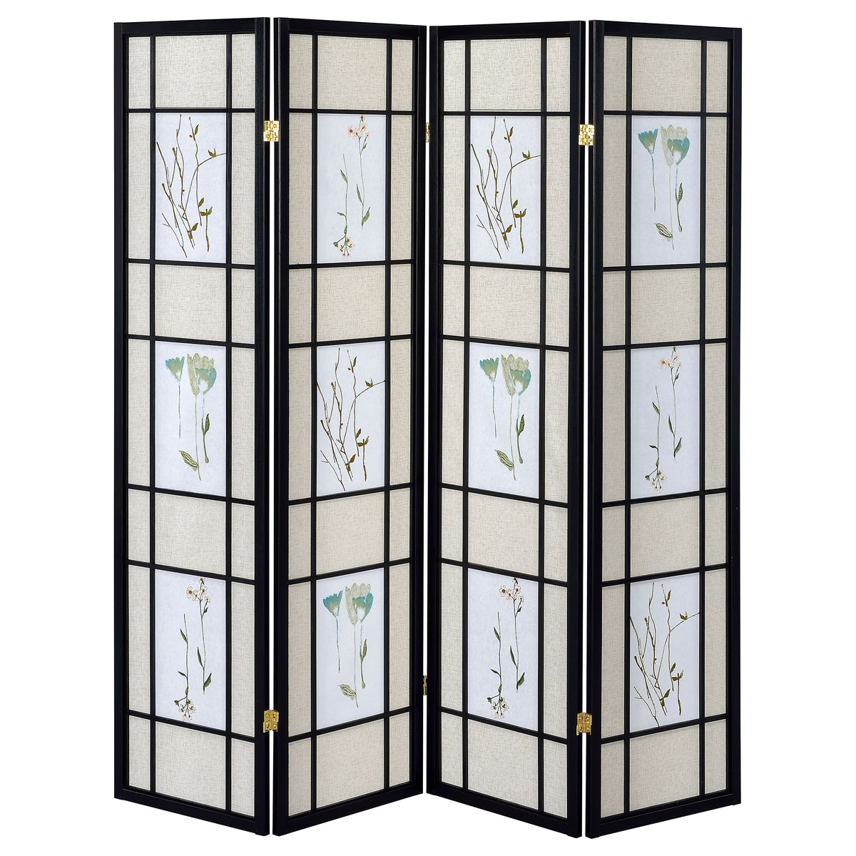 Catabella 4-Panel Folding Room Divider - Beige & White Floral Fabric in Black Wood Frame – view 3