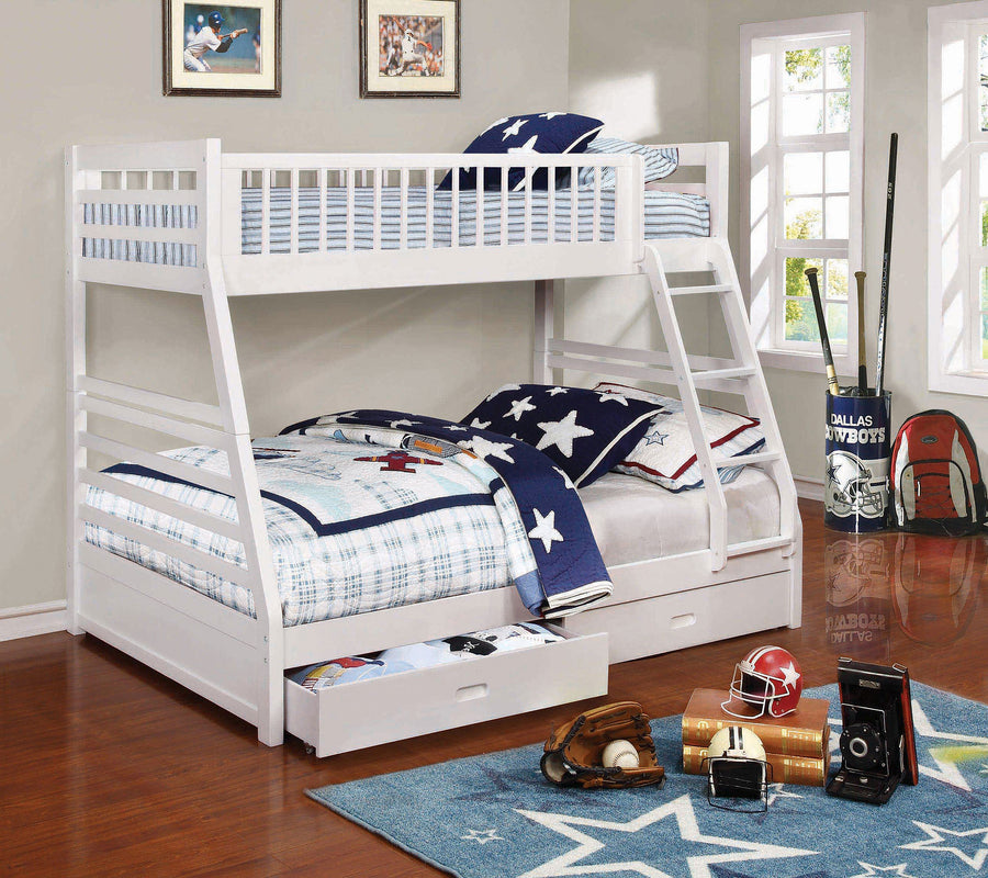 Ashton Twin over Full Bunk Bed with 2 Storage Drawers - A-Frame Pine in White, Cappuccino, Navy or Grey