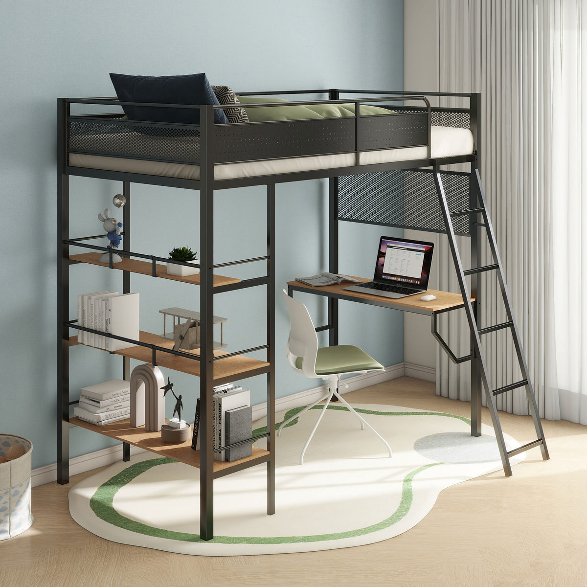 Campus Metal Twin Workstation Loft Bed with Desk & 3 Shelves - Matte Black or Matte White โ view 1