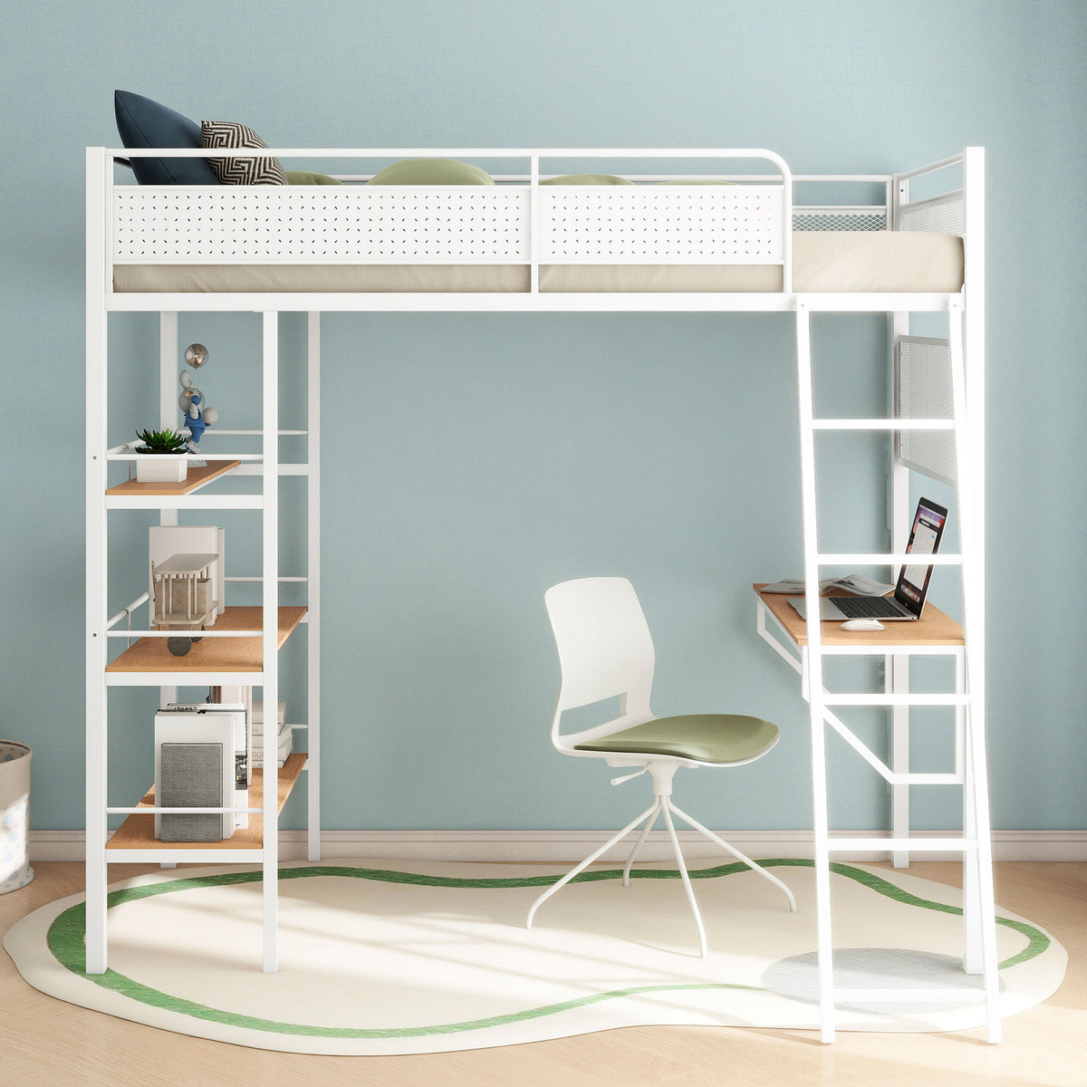 Campus Metal Twin Workstation Loft Bed with Desk & 3 Shelves - Matte Black or Matte White โ view 11