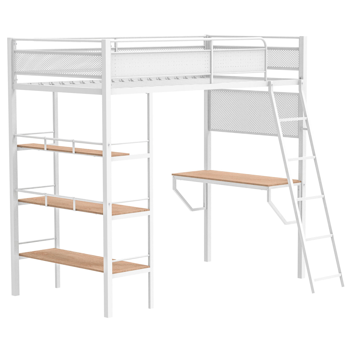 Campus Metal Twin Workstation Loft Bed with Desk & 3 Shelves - Matte White