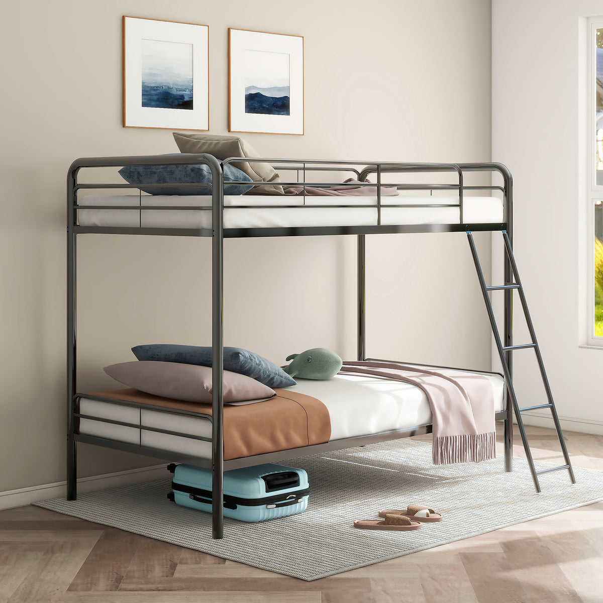 Carson Metal Twin Over Twin Bunk Bed - Full-Length Guardrails & Built-In Ladder in Glossy Black or Silver – view 1