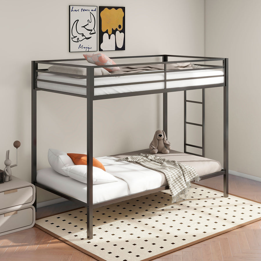Alevera Metal Twin over Twin Bunk Bed with Ladder & Guardrail - Matte Black or Matte White