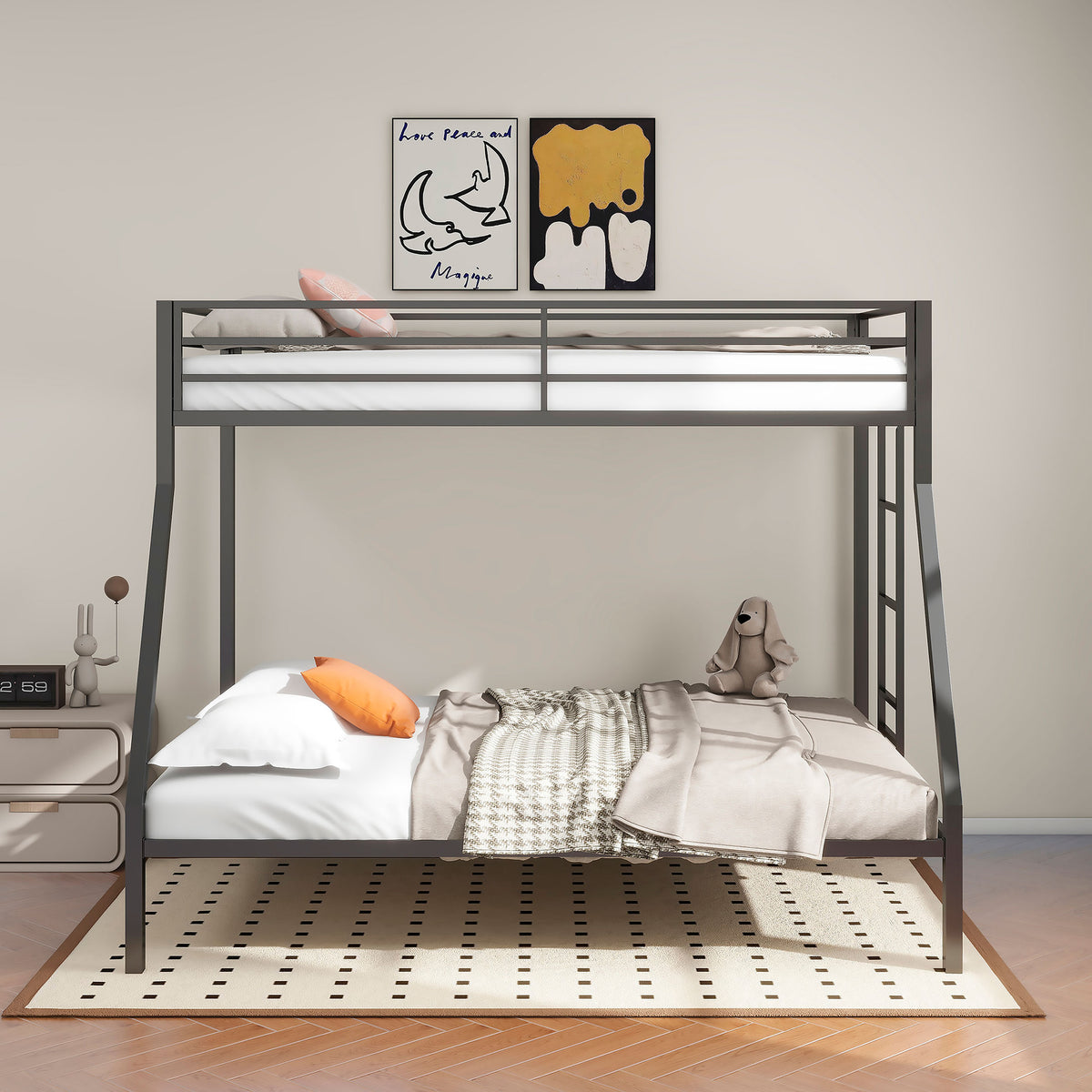Alevera Metal Twin Over Full Bunk Bed with Ladder & Guardrails - Matte Black or Matte White Steel – view 5
