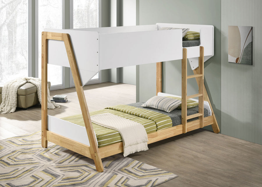 Wyatt Twin over Twin Bunk Bed - Two-Tone White & Natural Wood with Ladder