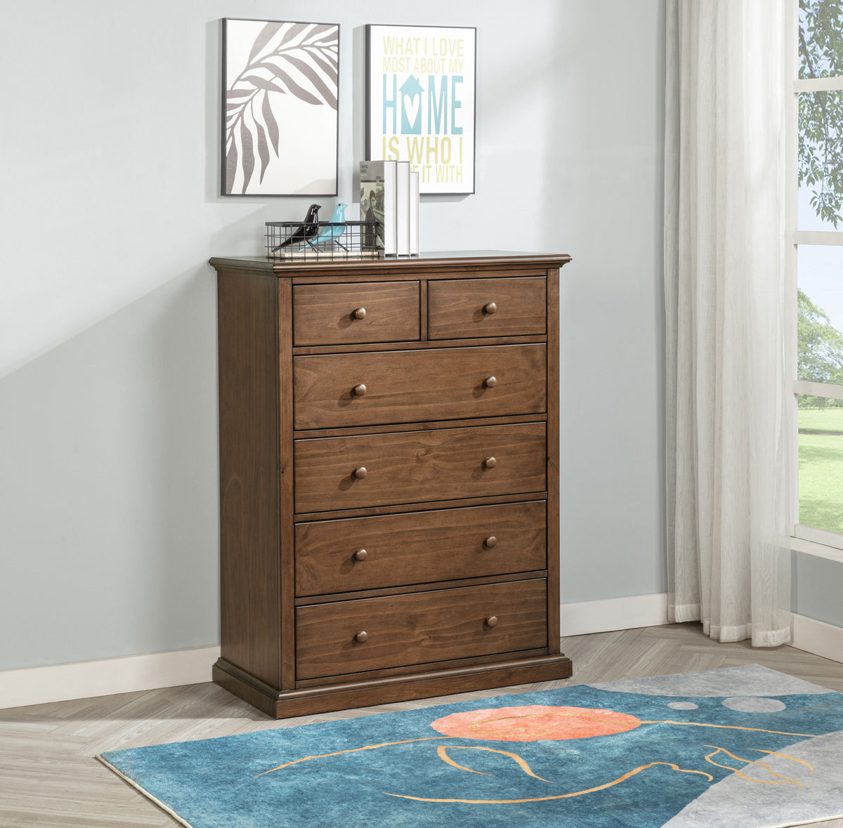 Sumerlin 6-Drawer Chest - Transitional Bedroom Storage with Round Knobs in Black, Cappuccino, Brown or White - lifestyle