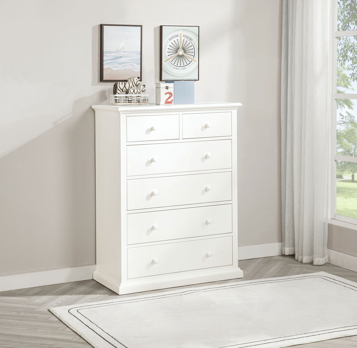 Sumerlin 6-Drawer Chest - Transitional Bedroom Storage with Round Knobs in Black, Cappuccino, Brown or White - lifestyle