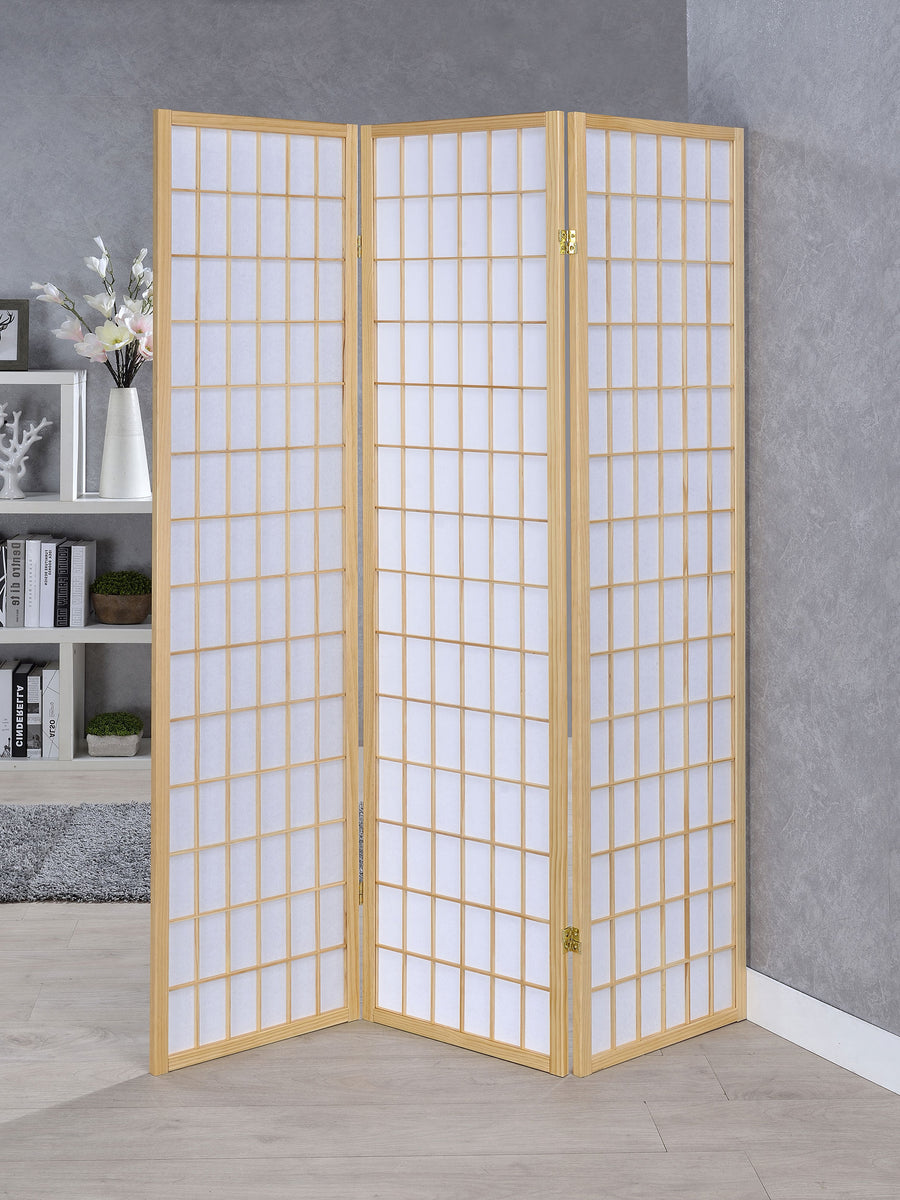 Carrie 3-Panel Folding Shoji Room Divider - Natural Pine Frame with White Fabric Grid Panels
