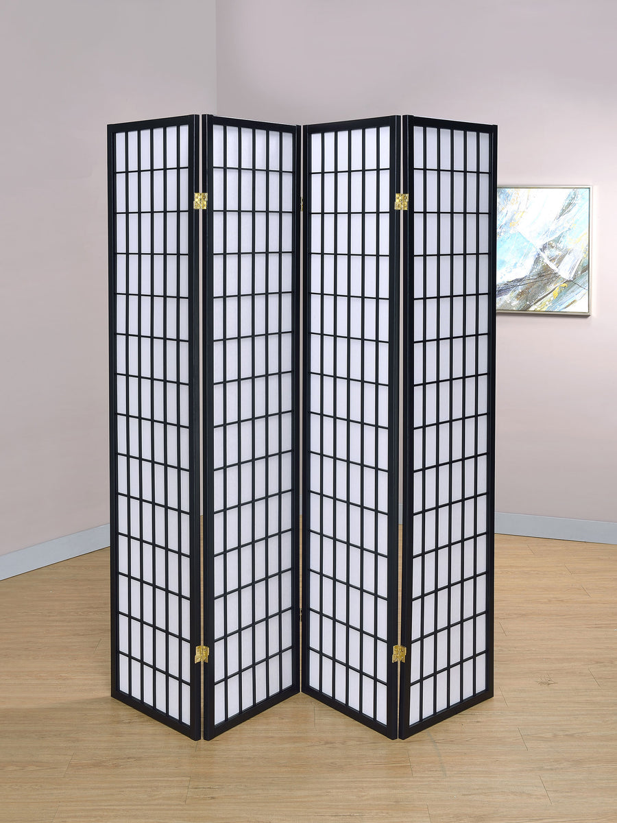 Roberto 4-Panel Folding Shoji Room Divider - Black Grid Frame with White Fabric Panels