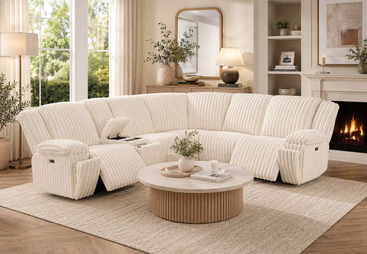 Front view of the black ribbed fabric sectional sofa with recliners in a contemporary living room setting.