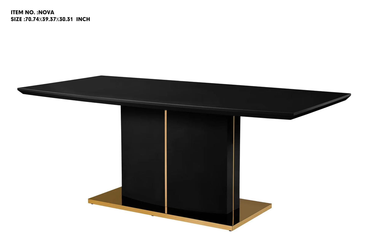 Nova contemporary white high-gloss dining table with a polished gold pedestal base in a modern room setting.