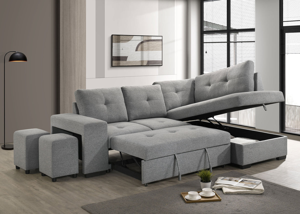 Roanne Sleeper Sectional Sofa with Storage Chaise & 2 Hidden Stools - Grey Tufted Fabric – view 5
