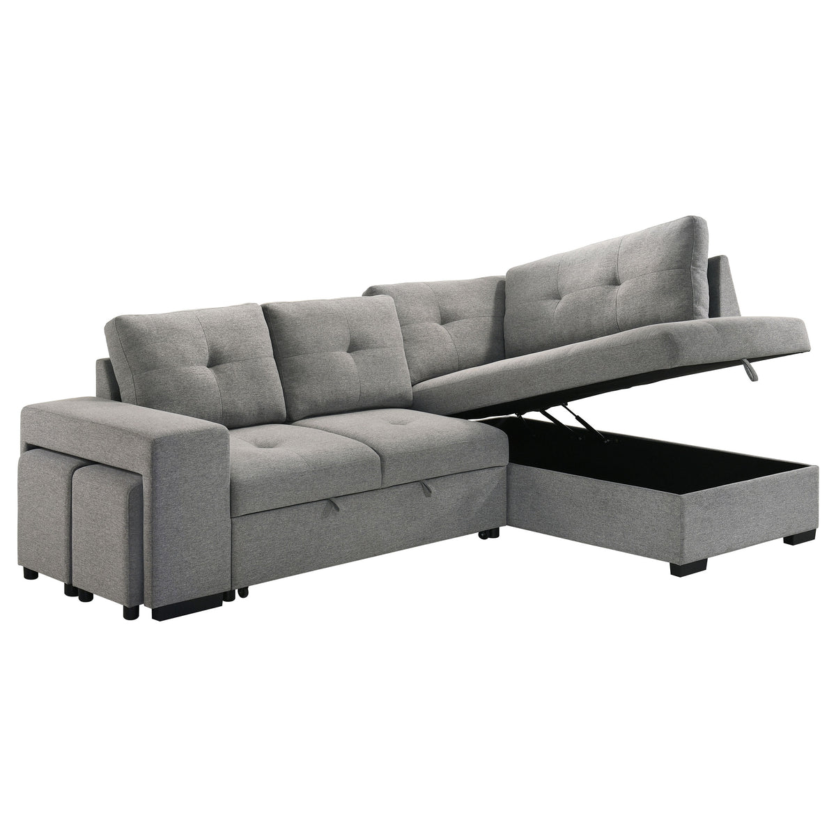 Roanne Sleeper Sectional Sofa with Storage Chaise & 2 Hidden Stools - Grey Tufted Fabric – view 6