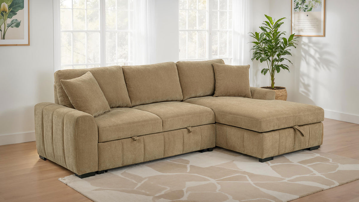 Pastrana Sleeper Sectional with Right Chaise - Camel Fabric, Pull-Out Bed & Track Arms – view 1