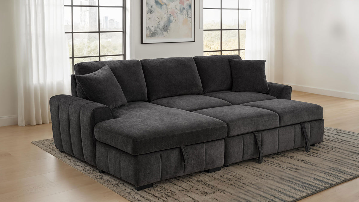 Pastrana Sleeper Sectional Sofa with Left-Facing Chaise - Charcoal Grey Fabric, Track Arms – view 3