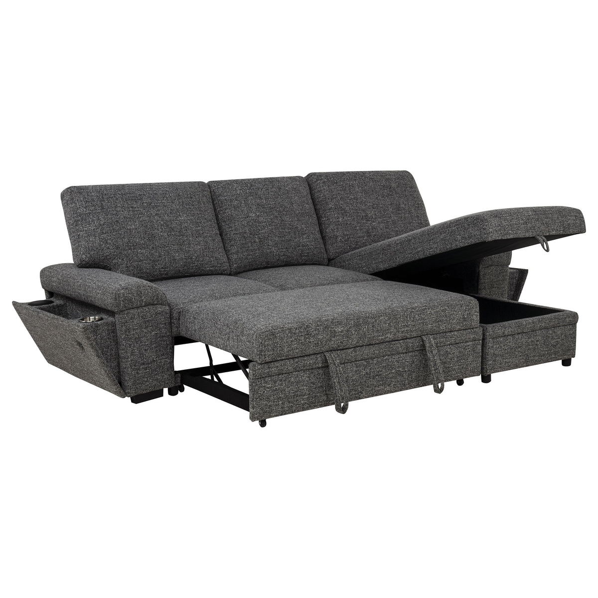 Demko Sleeper Sectional Sofa with Storage Chaise - Bluetooth Speakers, USB Charging & Cupholders in Granite – view 4