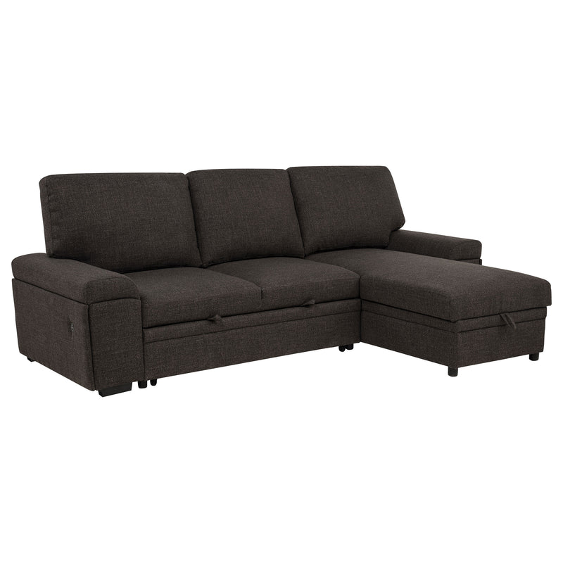 Demko Sleeper Sectional with Storage Chaise - Brown Fabric with Bluetooth Speakers, USB & Cup Holders