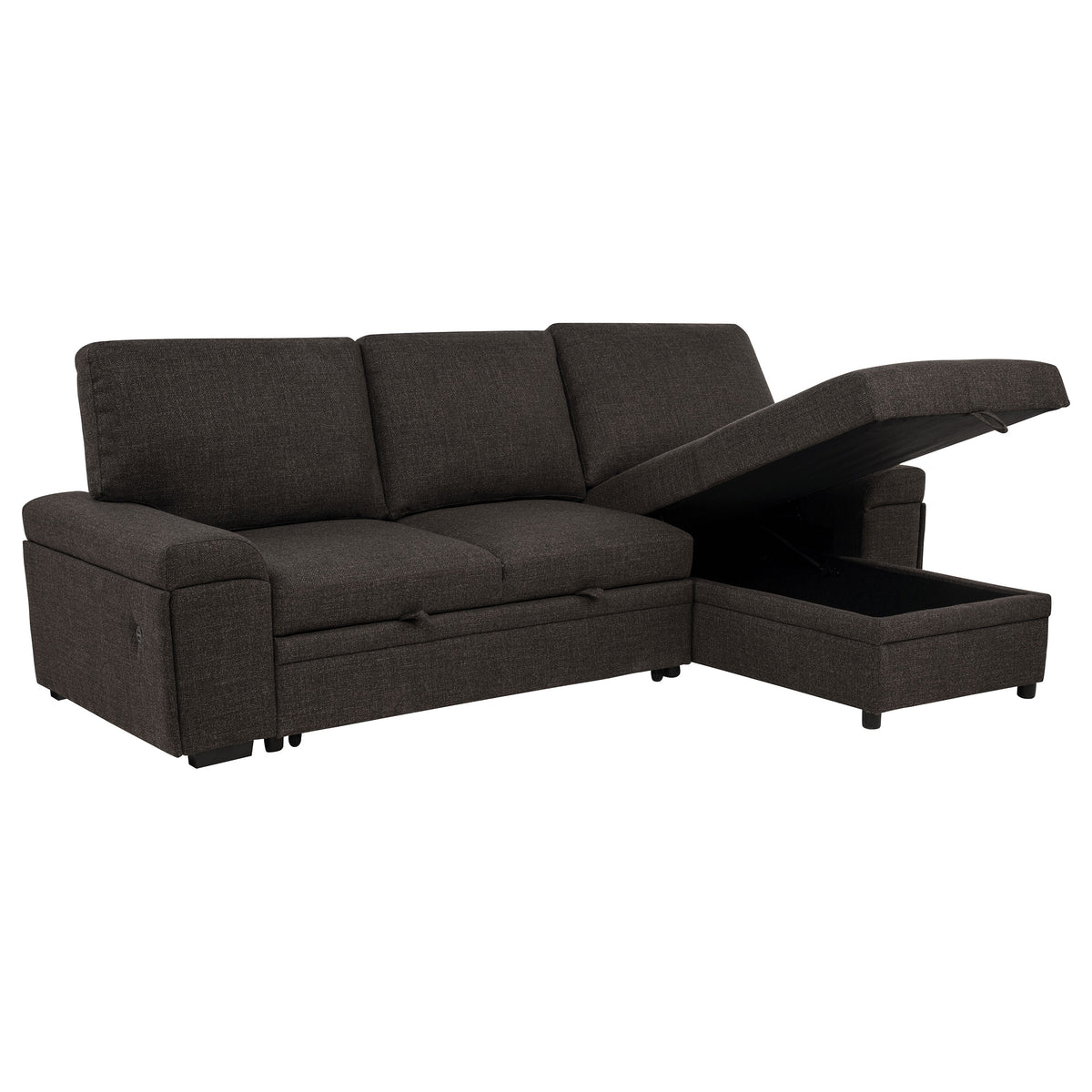 Demko Sleeper Sectional with Storage Chaise - Brown Fabric with Bluetooth Speakers, USB & Cup Holders – view 2