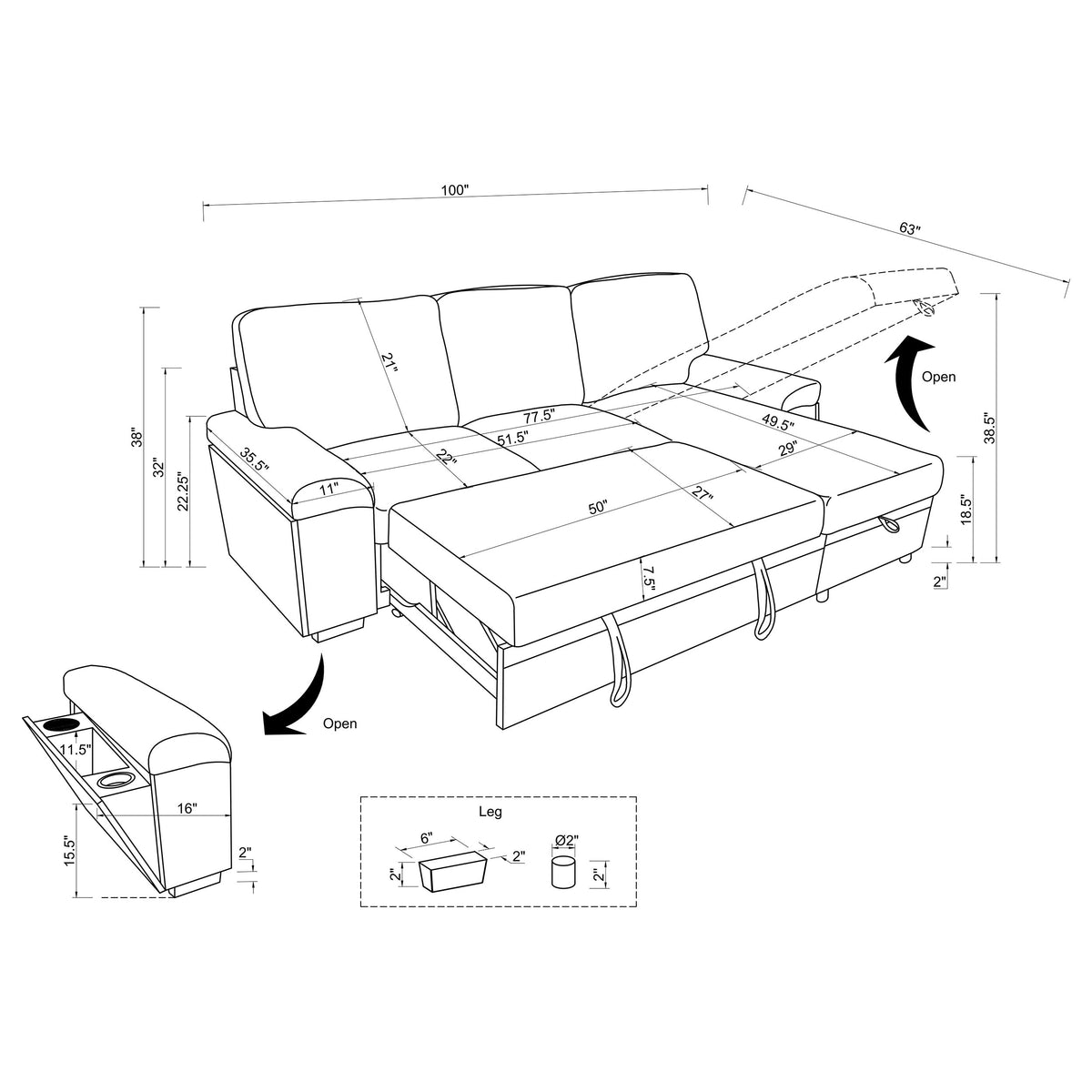 Demko Sleeper Sectional with Storage Chaise - Brown Fabric with Bluetooth Speakers, USB & Cup Holders – view 17