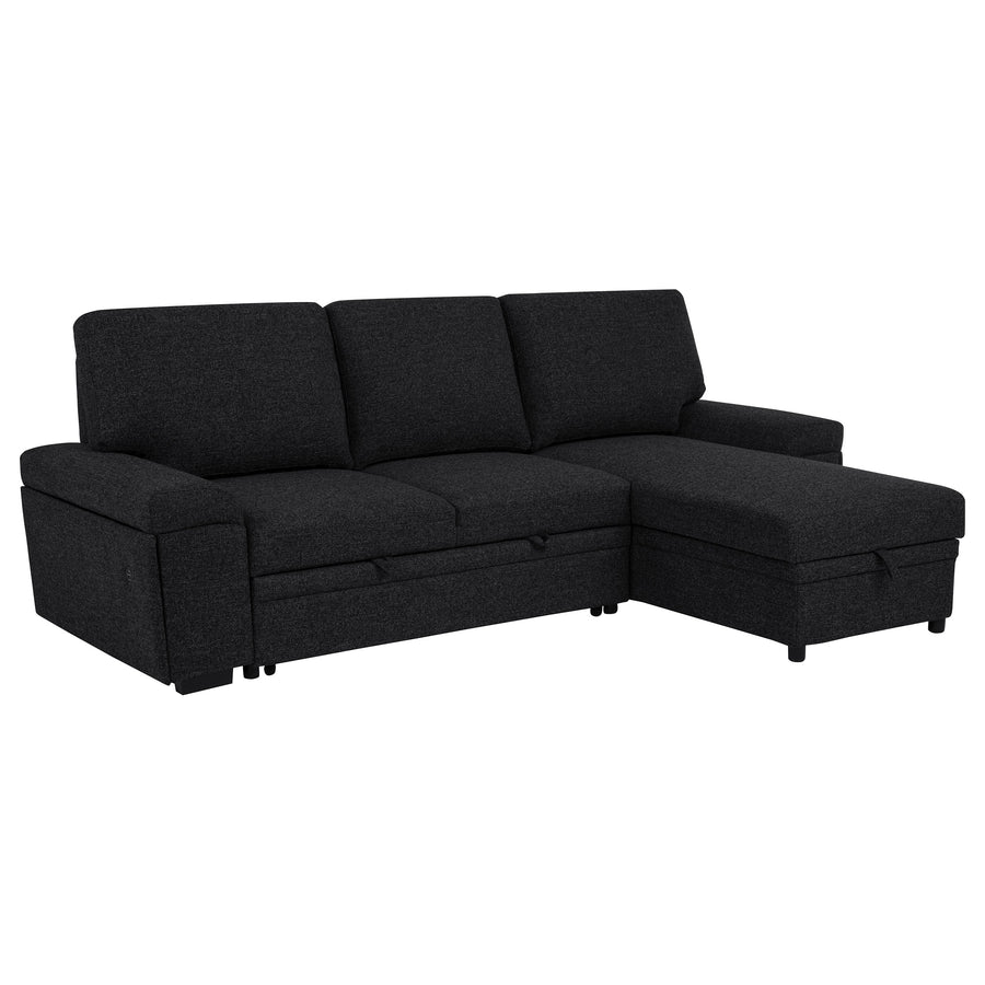Demko Sleeper Sectional with Storage Chaise - Bluetooth Speakers, USB Charging & Cup Holders in Black Fabric