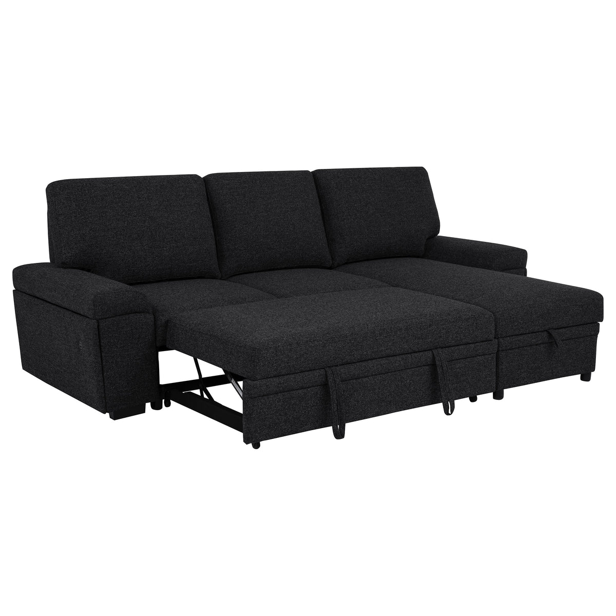 Demko Sleeper Sectional with Storage Chaise - Bluetooth Speakers, USB Charging & Cup Holders in Black Fabric – view 3