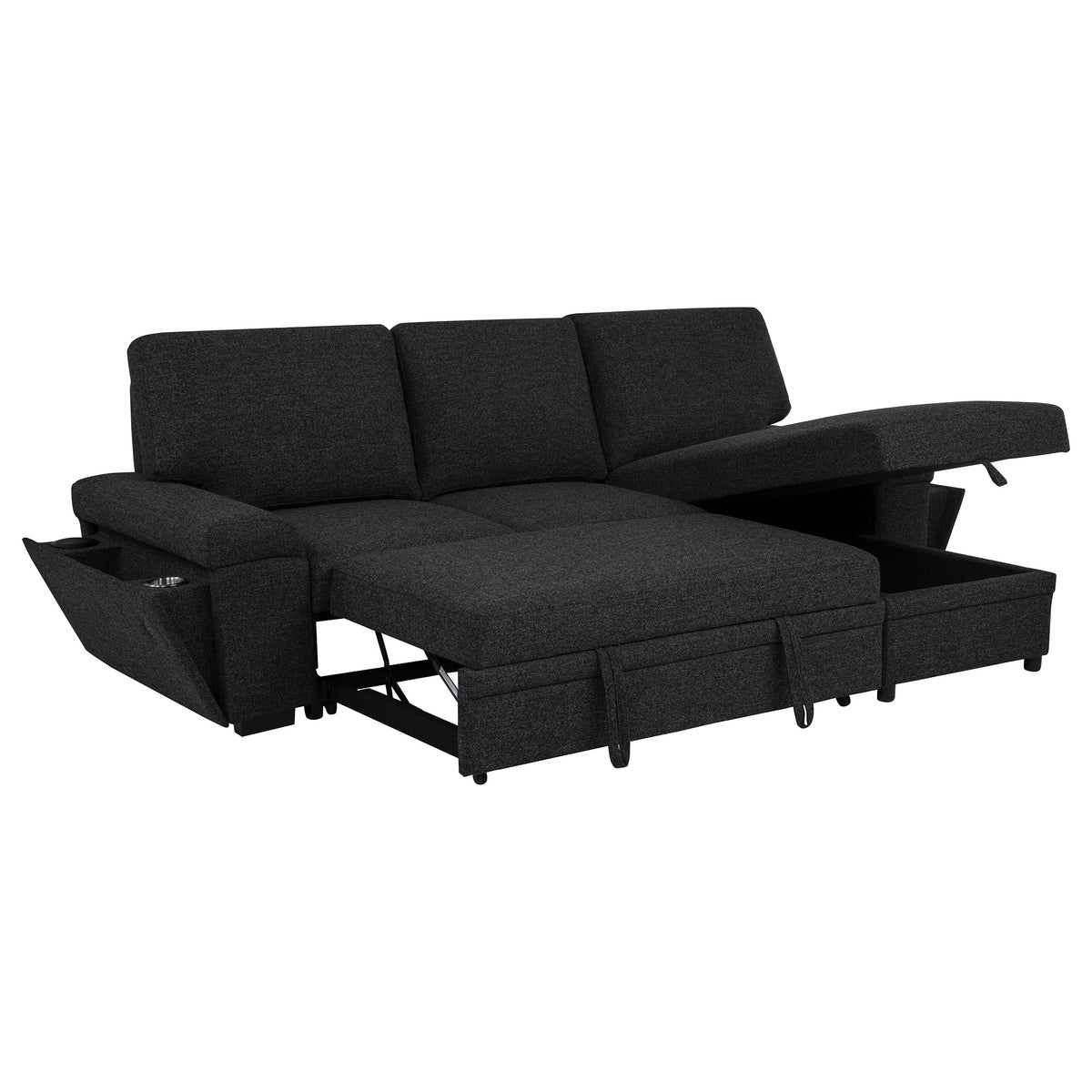 Demko Sleeper Sectional with Storage Chaise - Bluetooth Speakers, USB Charging & Cup Holders in Black Fabric – view 4