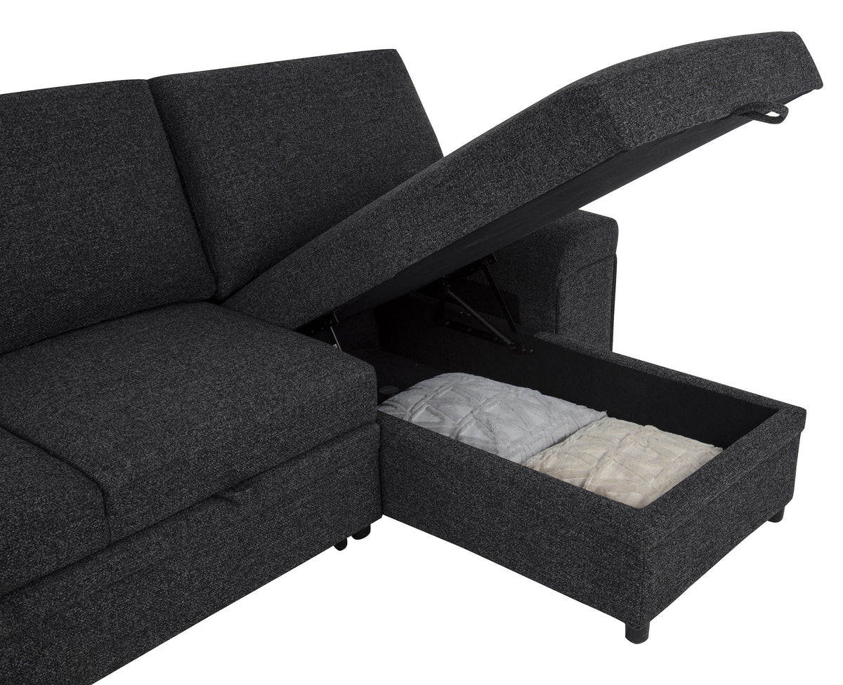 Demko Sleeper Sectional with Storage Chaise - Bluetooth Speakers, USB Charging & Cup Holders in Black Fabric – view 13