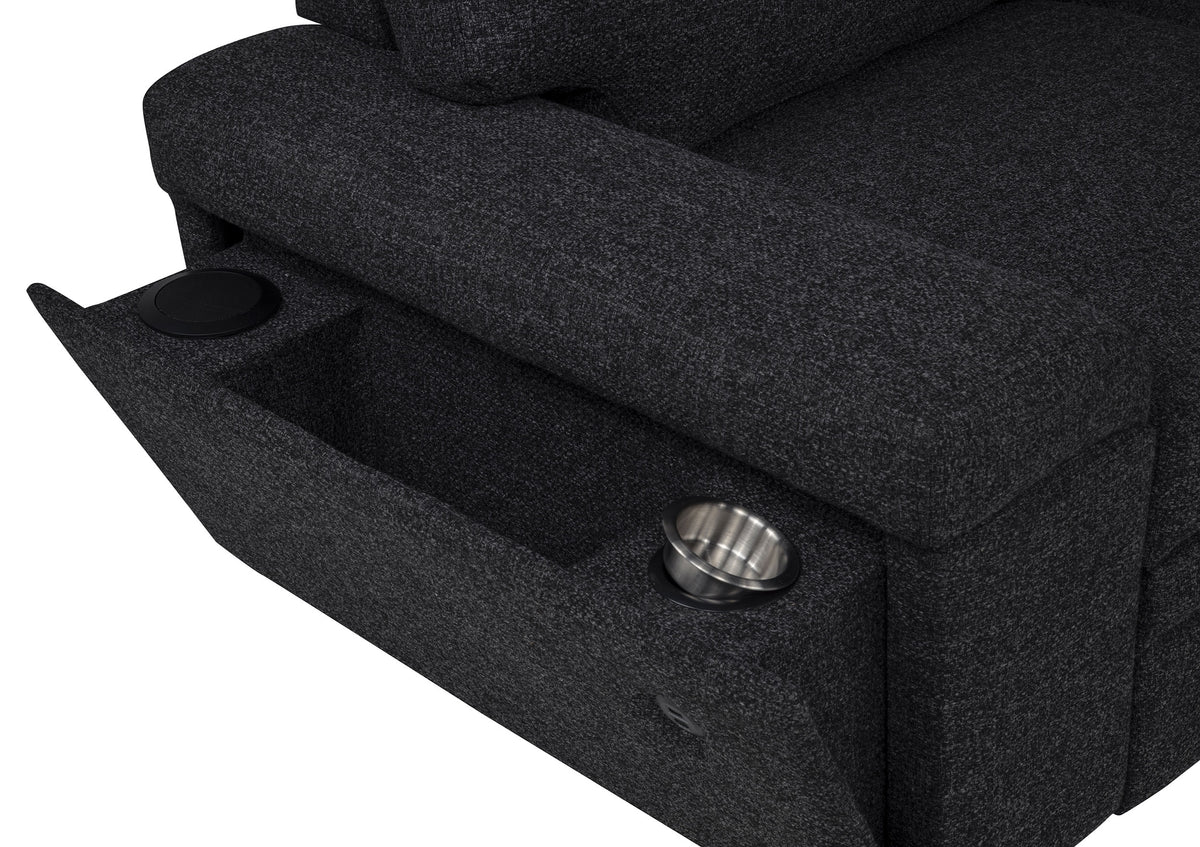 Demko Sleeper Sectional with Storage Chaise - Bluetooth Speakers, USB Charging & Cup Holders in Black Fabric – view 14