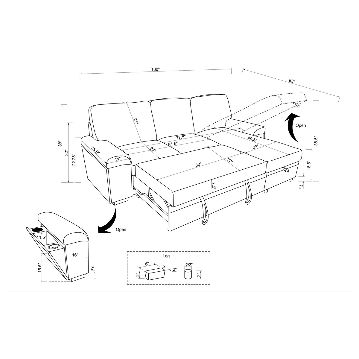 Demko Sleeper Sectional with Storage Chaise - Bluetooth Speakers, USB Charging & Cup Holders in Black Fabric – view 17