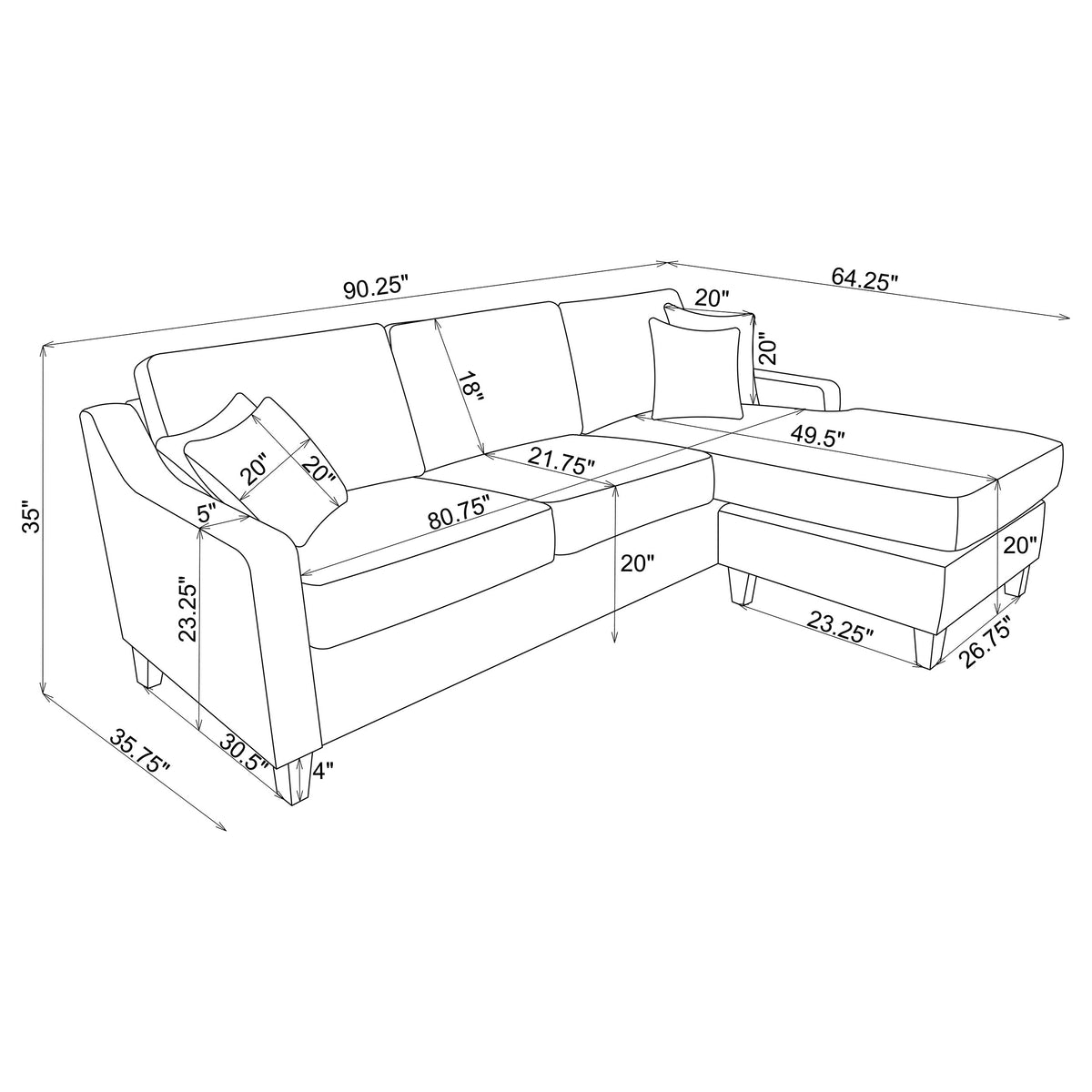 Mcloughlin Sloped Arm Sectional with Reversible Chaise - Platinum Chenille, Espresso Tapered Feet – view 14