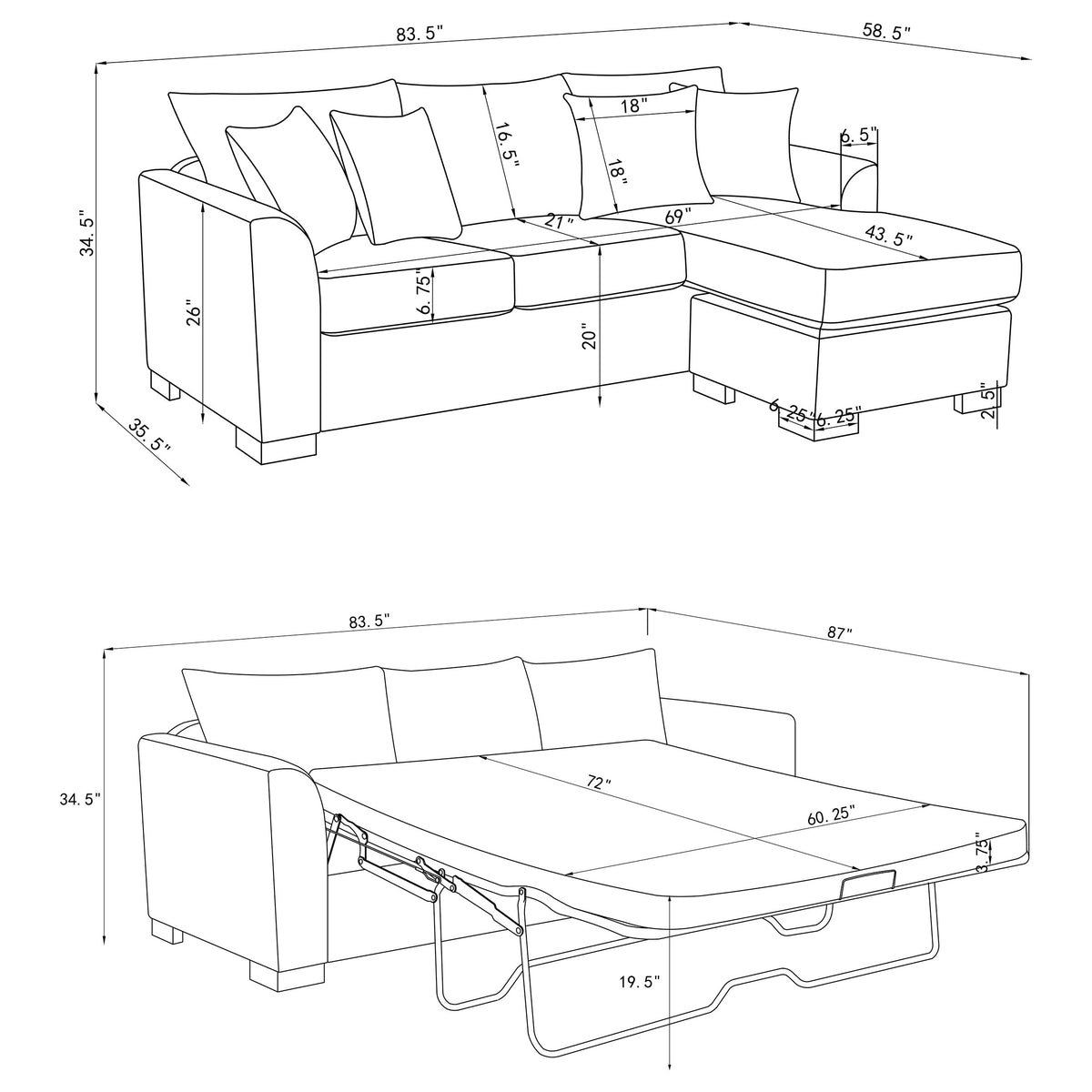 Storey Sleeper Sectional Sofa with Chaise - Grey Chenille with Rounded Track Arms & Accent Pillows – view 19